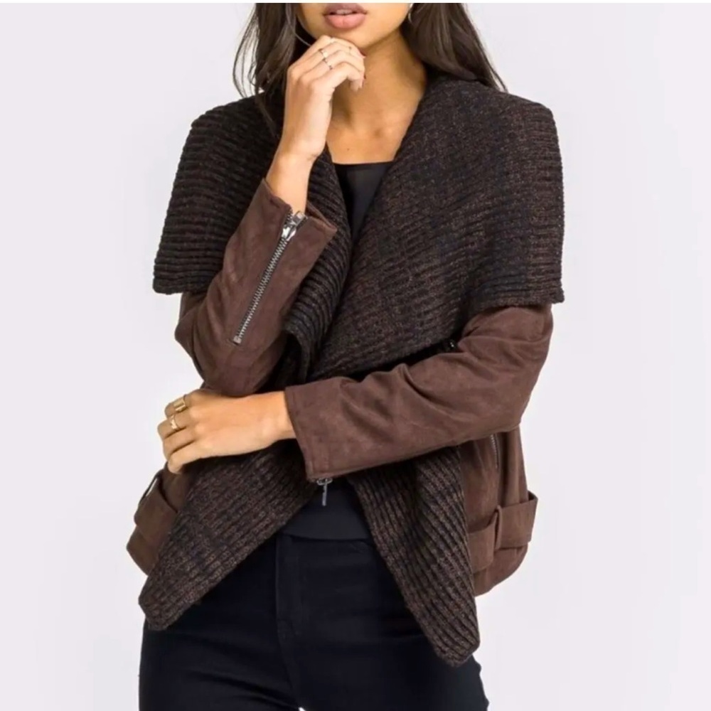 Lush Women’s Draped Faux Suede and Sweater Brown Open Front Moto Jacket Sz L